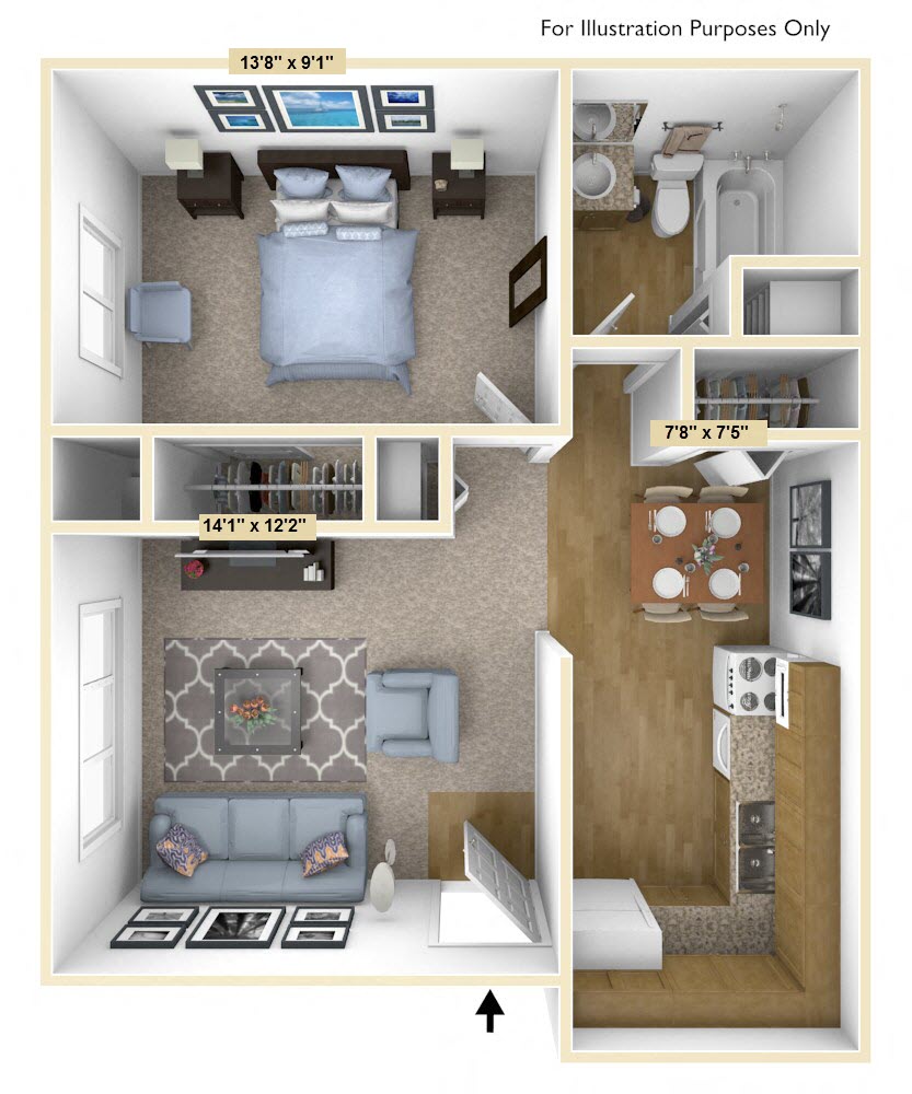 Floor plan for 1 bed, 1 bath, 529 sqft